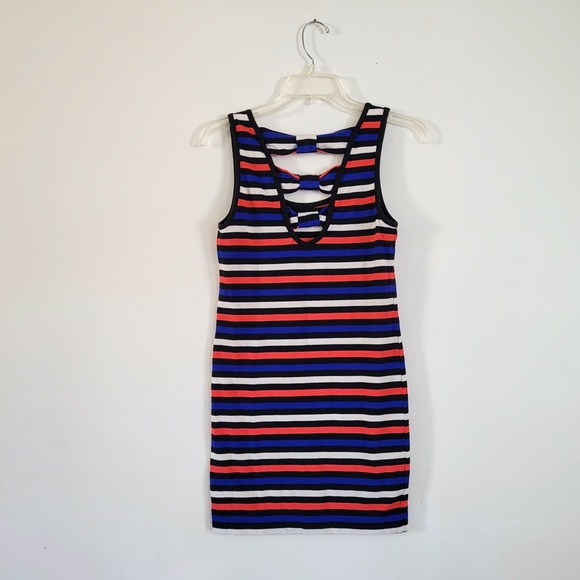 Y2K Forever 21 Striped Bodycon Dress Bows Cutout Coral Blue‎ XXI Small - Picture 3 of 12